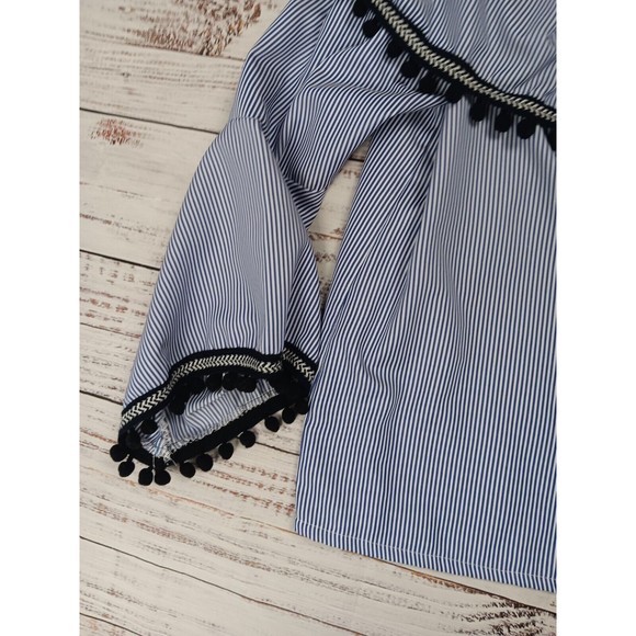 Camille & Company Off The Shoulder Blouse Women's Large Blue White Stripe Ruffle - Picture 10 of 10